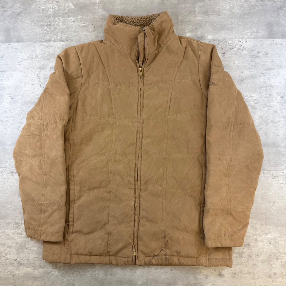 LL Bean Womens M Tan Faux Suede Goose Down Puffer Jacket Sherpa Collar OG0D1